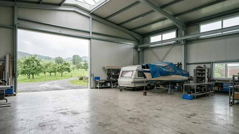 Offenes Hallentor der Werkstatt mit Blick auf Obstbäume, drinnen ein Wohnwagen und ein abgedecktes Boot
