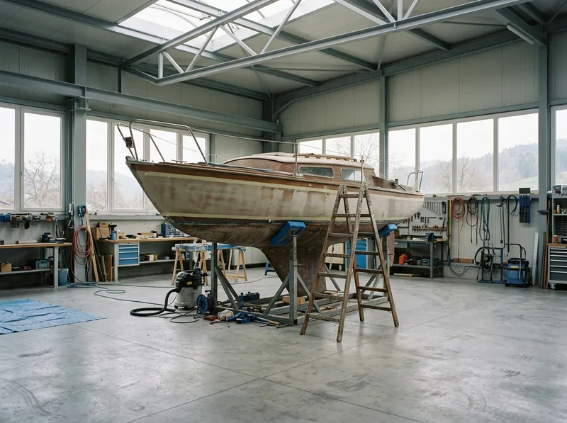 Segelboot auf Böcken mit Holzleiter in der Werkstatt