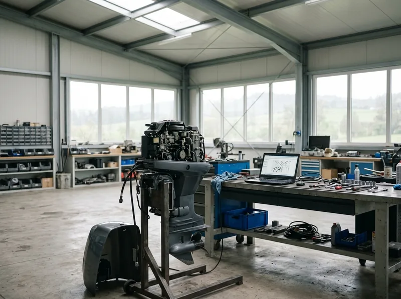 Aussenbordmotor auf einem Montageständer, daneben ein Laptop auf der Werkbank