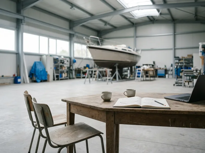 Holztisch in der Werkstatt mit zwei Kaffeetassen, Notizbuch und Laptop, im Hintergrund ein Boot
