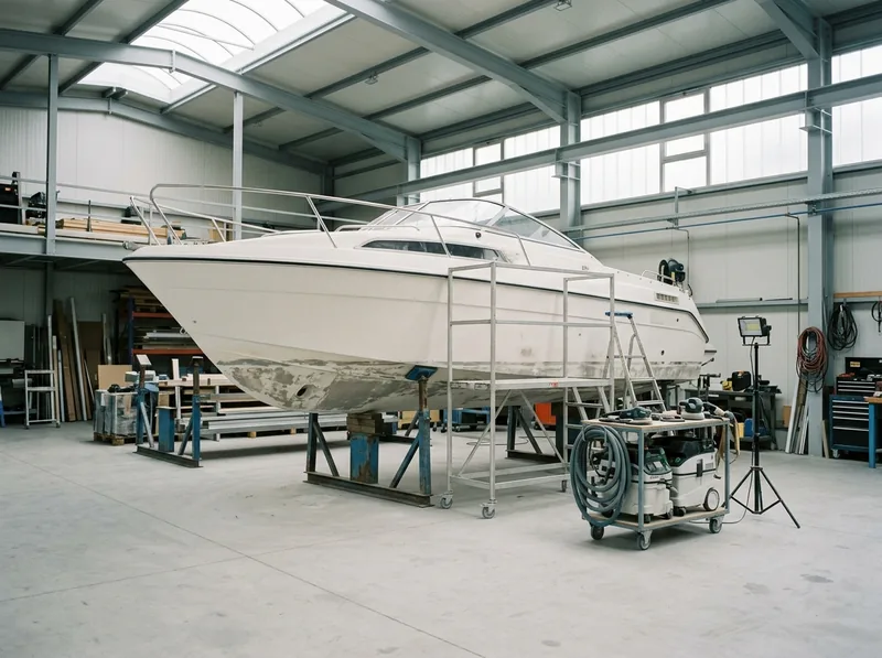 Motorboot auf Böcken in der Werkstatt, daneben Gerüst, Scheinwerfer und Werkzeugwagen