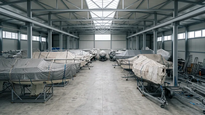 Lagerhalle mit mehreren Booten unter grauen Abdeckplanen in Reihen